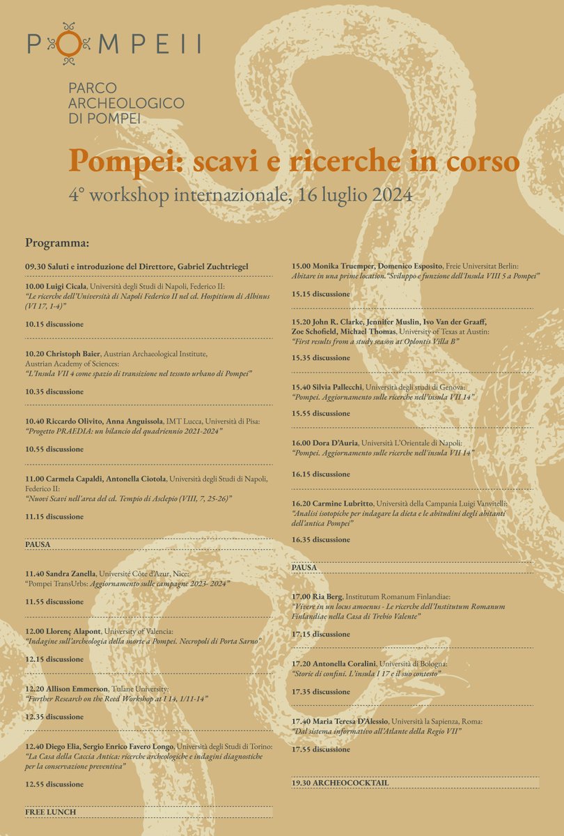 Pompeii Sites (@pompeii_sites) on Twitter photo Un workshop internazionale per confrontarsi sulle ricerche in corso nei siti del Parco archeologico di Pompei e fare rete tra le istituzioni e università straniere e italiane.
Auditorium degli scavi 16 luglio 2024 (9,30- 18,00)
pompeiisites.org/comunicati/pom… Un workshop internazionale per confrontarsi sulle ricerche in corso nei siti del Parco archeologico di Pompei e fare rete tra le istituzioni e università straniere e italiane.
Auditorium degli scavi 16 luglio 2024 (9,30- 18,00)
pompeiisites.org/comunicati/pom…