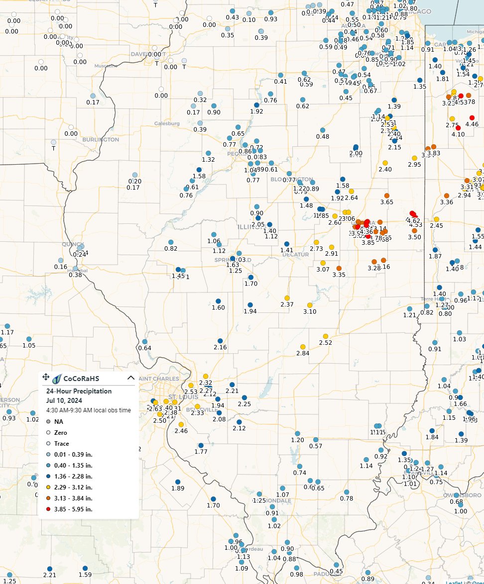 ILClimatologist's tweet photo. Looks like the I-74 corridor from Champaign-Urbana to Danville was the Beryl rainfall "winner". Many @CoCoRaHS totals of 2-4" with some approaching 5" in the last 24 hours. #ilwx https://t.co/D0OlwGzhCb