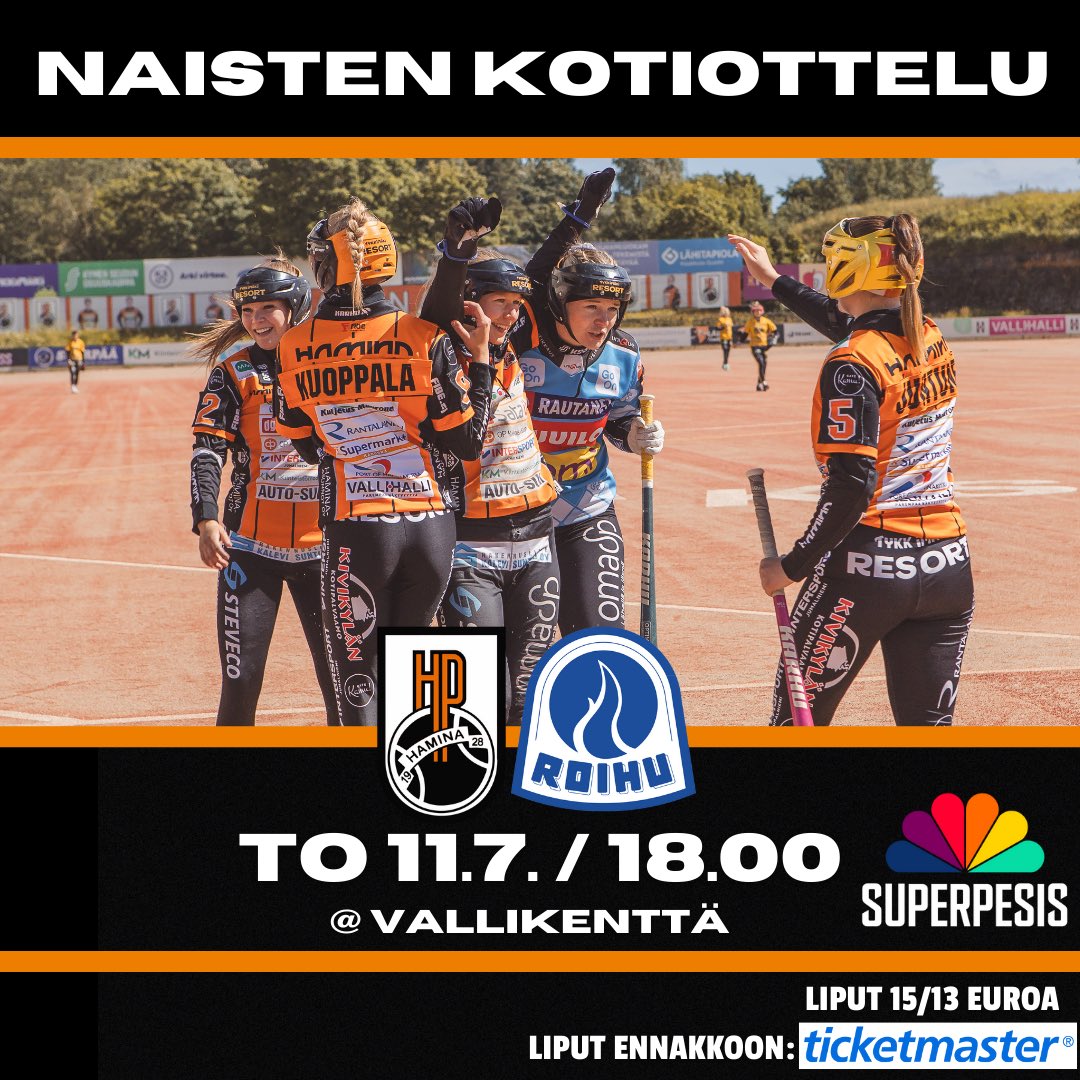 🟠NAISTEN KOTIOTTELU🟠

Huomenna naisilla tärkeä kotiottelu! Tuu just sä kannustamaan HP voittoon🔥

🆚Roihuttaret, Helsinki
📆To 11.7. Klo 18:00
🏟️Vallikenttä
🎟️Liput 15/13€, alle 16-vuotiaat ilmaiseksi
🎫Liput ennakkoon Ticketmasterista

#pesis