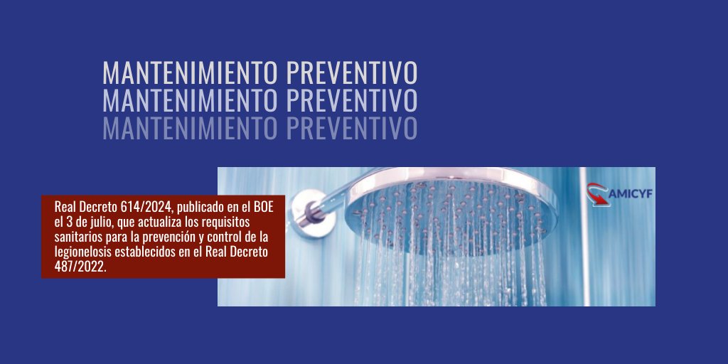 amicyf_es's tweet photo. 🗓️ Desde el 4 de julio está en vigor el nuevo Real Decreto 614/2024 📜, que actualiza los requisitos sanitarios para prevenir y controlar la #legionelosis, mejorando la seguridad en instalaciones que utilizan agua y generan aerosoles.
#SeguridadSanitaria #Normativa #SaludPública https://t.co/Oo9nF39wtq