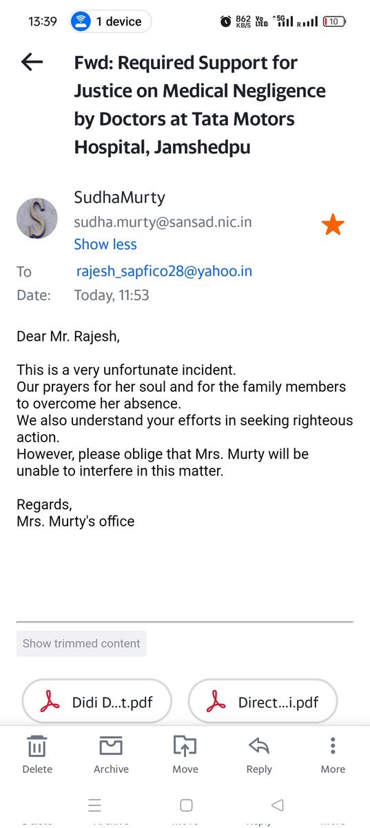 Justice4Babita's tweet image. Received response from @SmtSudhaMurty one of the 750 members of parliament whom I emailed for seeing justice &amp;amp; raising my voice in parliament. Now I know no member of parliament is going to help me because they only work 4 corporates but not for common people &amp;amp; wastage tax money.
