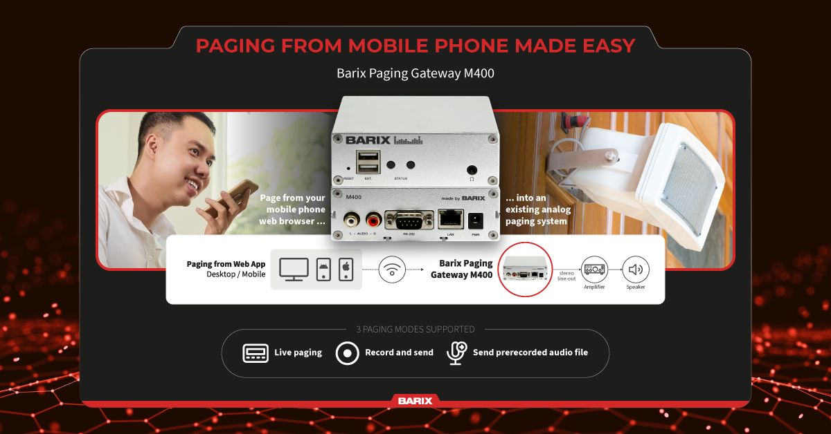 📲 The Barix Paging Gateway M400 enables paging directly from your mobile phone's web browser to any existing analog paging system. The device supports live paging, record and send, and sending prerecorded audio files. 

Connect with us at info@barix.com for technical collab.