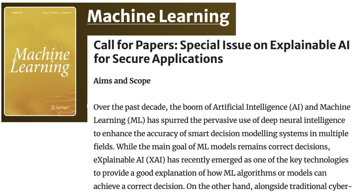 Call for Papers: Special Issue on Explainable AI for Secure Applications (#XAI for #SAI). A real feast of research on innovations in the area of RED-XAI! 
Read more at link.springer.com/journal/10994/…