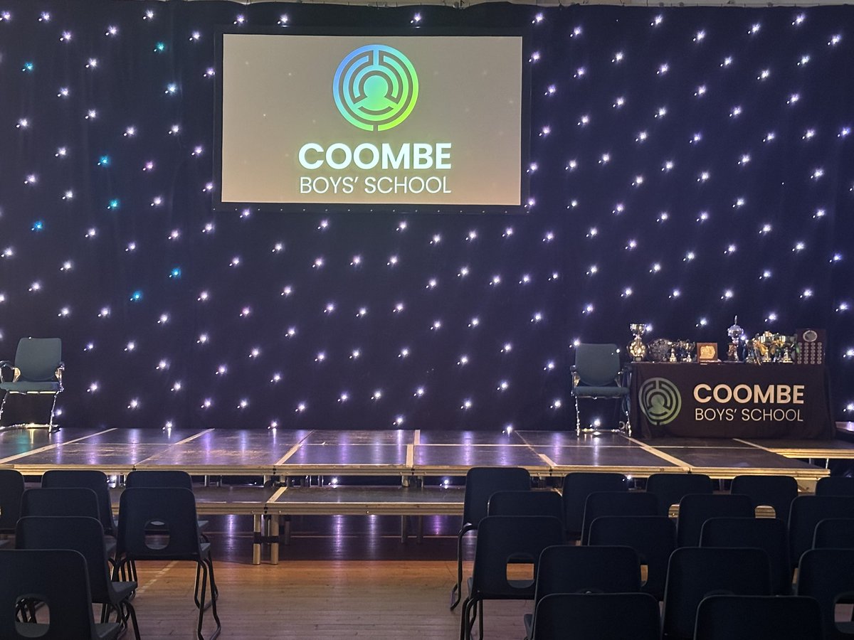 CoombeBoysNews's tweet photo. Tonight is our annual school Prize Giving Celebrations &amp; we are really pleased to be recognising over 260 of our young men for excellence in a wide range of academic &amp; pastoral areas. Culminating in our Outstanding Achievement &amp; National Awards. The stage is set! #CBSExcellence https://t.co/p8jg8TAa28