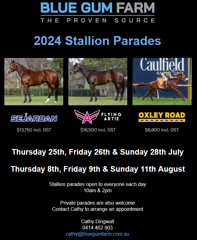 BlueGumFarm's tweet photo. 2024 @BlueGumFarm Stallion Parades 🐴🐴🐴
https://t.co/saSDW1ycV7
#BlueGumFarm #TheProvenSource #FlyingArtie #Sejardan #OxleyRoad #StallionsOf2024 #BreedingEliteRacehorses #StallionParade https://t.co/sUdtbftmkH
