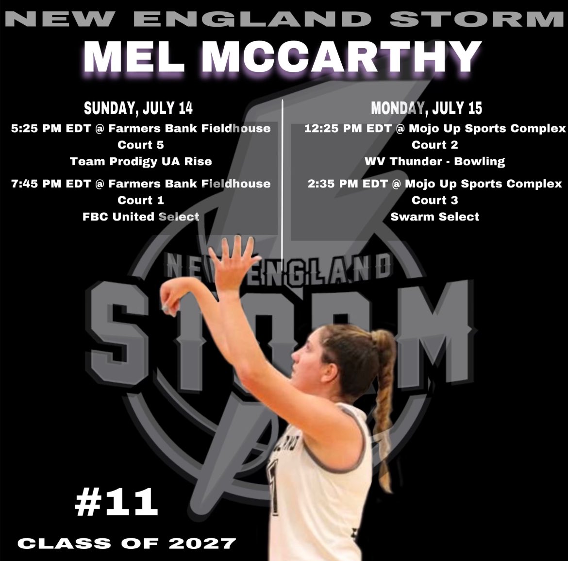 Mel McCarthy (@melmccarthyyy) on Twitter photo Here is my updated schedule for the upcoming live period in Indiana! There were minor time and court changes. So excited! <a href="/NEStormBball/">New England Storm</a> Here is my updated schedule for the upcoming live period in Indiana! There were minor time and court changes. So excited! <a href="/NEStormBball/">New England Storm</a>