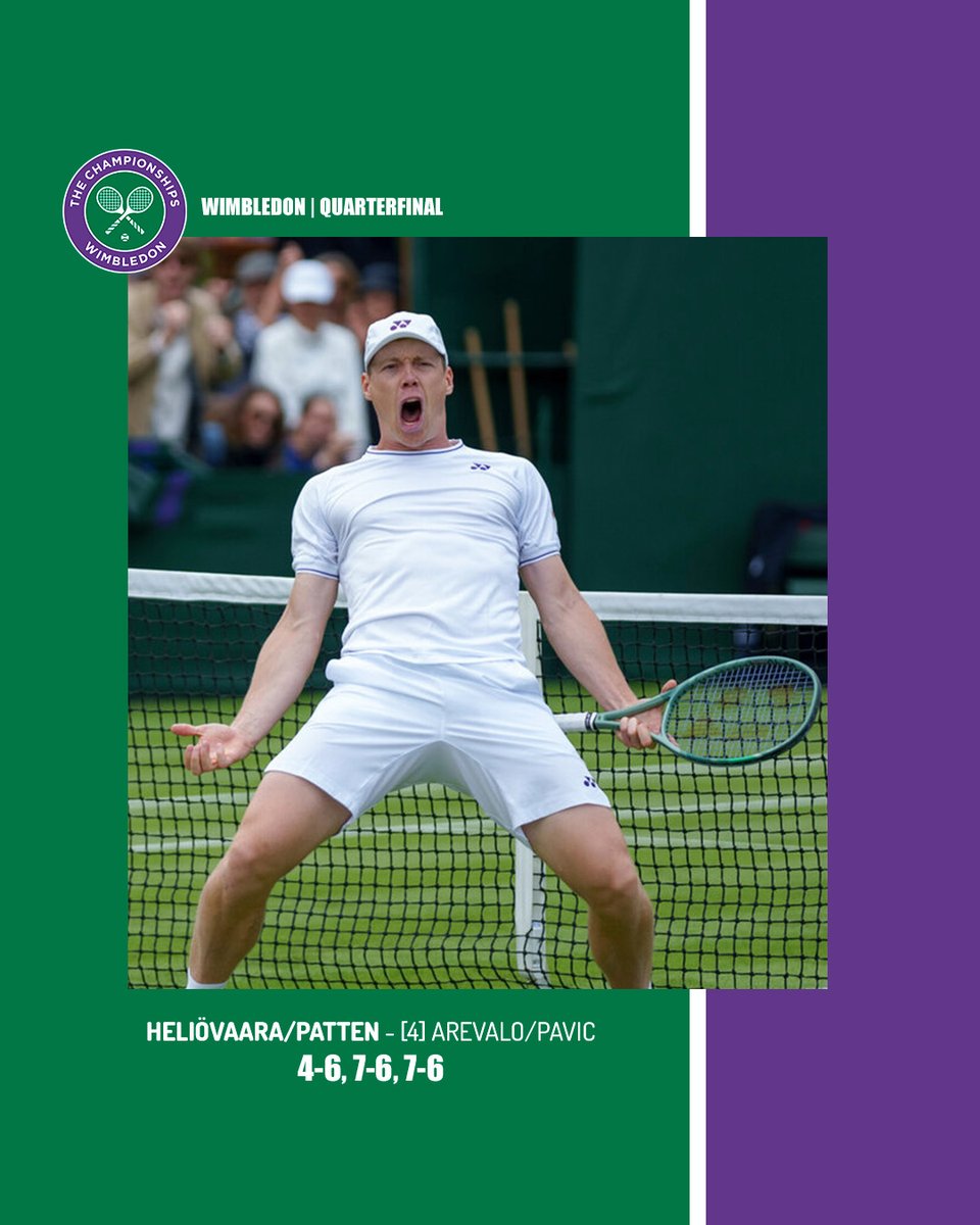 tennisfi's tweet photo. KYLLÄ! Välieriin Wimbledonissa 🌱

Uran ensimmäinen nelinpelin välieräpaikka grand slam -tasolla on tosi Harri Heliövaaralle, onnea ja kohti seuraavaa peliä! https://t.co/r5pm6MsW8s
