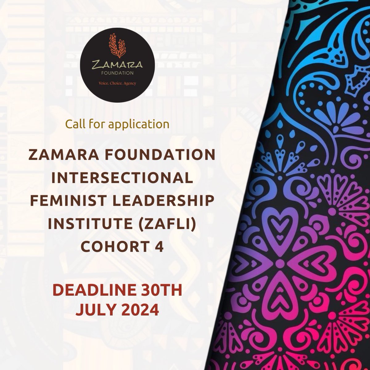 Zamara_fdn's tweet photo. 📢 Call for Applications📢

🚀 Are you an aspiring African intersectional feminist aged 18-29 from Nairobi, Kajiado, or Kisumu? Join the 4th cohort at Zamara Foundation Intersectional Feminist Leadership Institute! 🌟 Ground your work in feminist values and principles while promoting sexual health and reproductive justice. 

Apply now!
https://t.co/9kfNutSKmO

Deadline⏳: 30th July 2024

#ZaFLICohort4
#ZamaraVoices