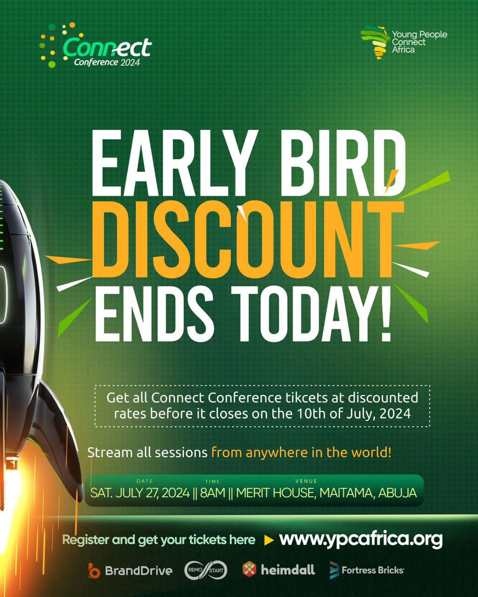 ypcafrica_'s tweet photo. Early bird discount ends today.
Call your family,friends,your boss and everybody to make use of this discounted price before it ends today.
Visit https://t.co/q6jgKevGI9
Hurry now!
#connectconference2024
#connectconference
#connectconferenceabuja
#connectconferencelagos https://t.co/0jLGROIwfl