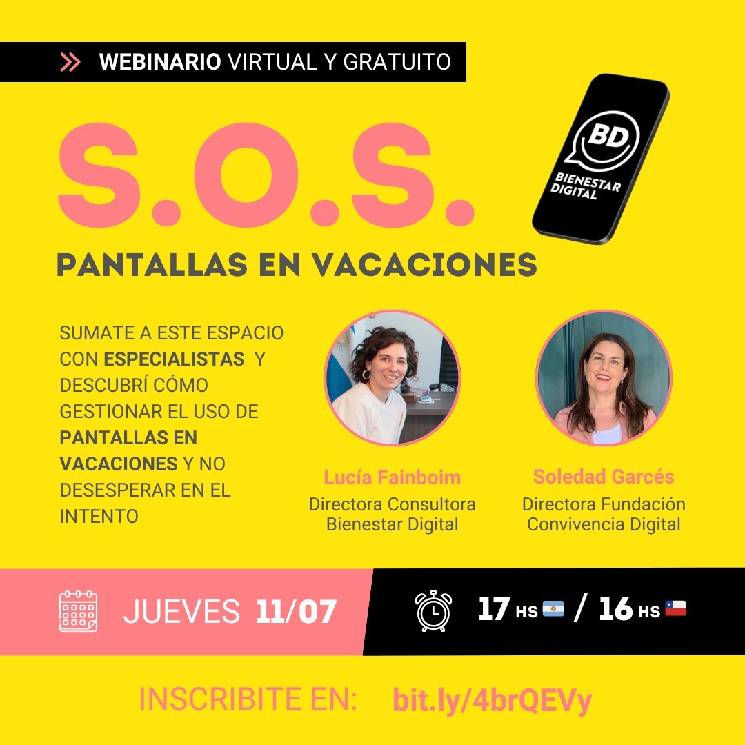 LuciaFainboim's tweet photo. 🙌 SUMATE A NUESTRO WEBINARIO GRATUITO SOBRE PANTALLAS EN VACACIONES DE INVIERNO ❄️☃️
Desde Bienestar Digital y junto con Soledad Garcés de Chile, daremos un taller abierto para brindar herramientas sobre el uso de pantallas estas vacaciones
Inscripción: https://t.co/Oh8LXI3ful https://t.co/PQRxoIYPMW