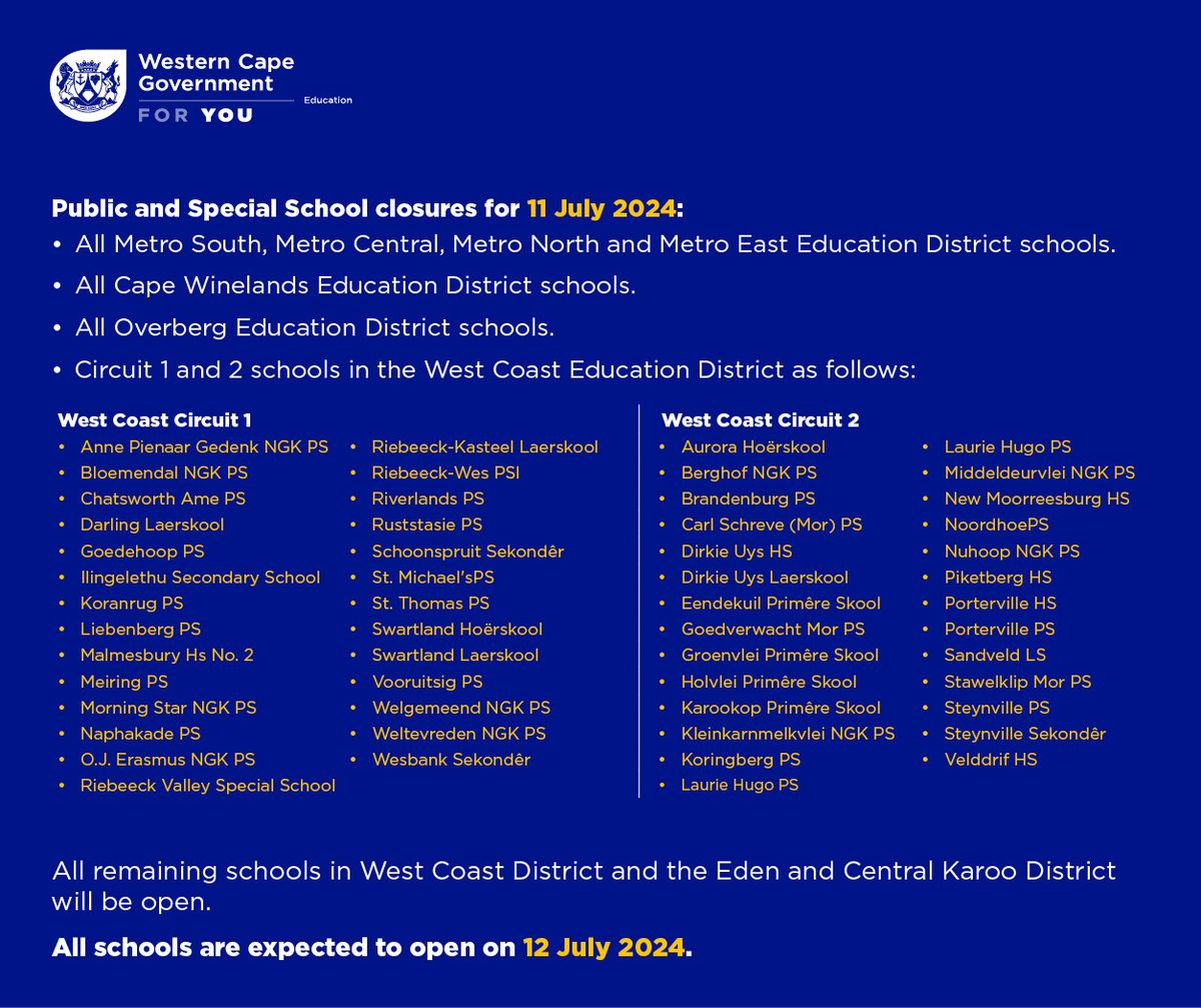 WCEDNews (@wcednews) on Twitter photo IMPORTANT ANNOUNCEMENT❗️
Public and special schools in certain districts in the Western Cape will be closed tomorrow, 11 July 2024. Read statement by Western Cape Minister <a href="/DavidMaynier/">David Maynier</a> here 👉bit.ly/3WjSiEw. IMPORTANT ANNOUNCEMENT❗️
Public and special schools in certain districts in the Western Cape will be closed tomorrow, 11 July 2024. Read statement by Western Cape Minister <a href="/DavidMaynier/">David Maynier</a> here 👉bit.ly/3WjSiEw.