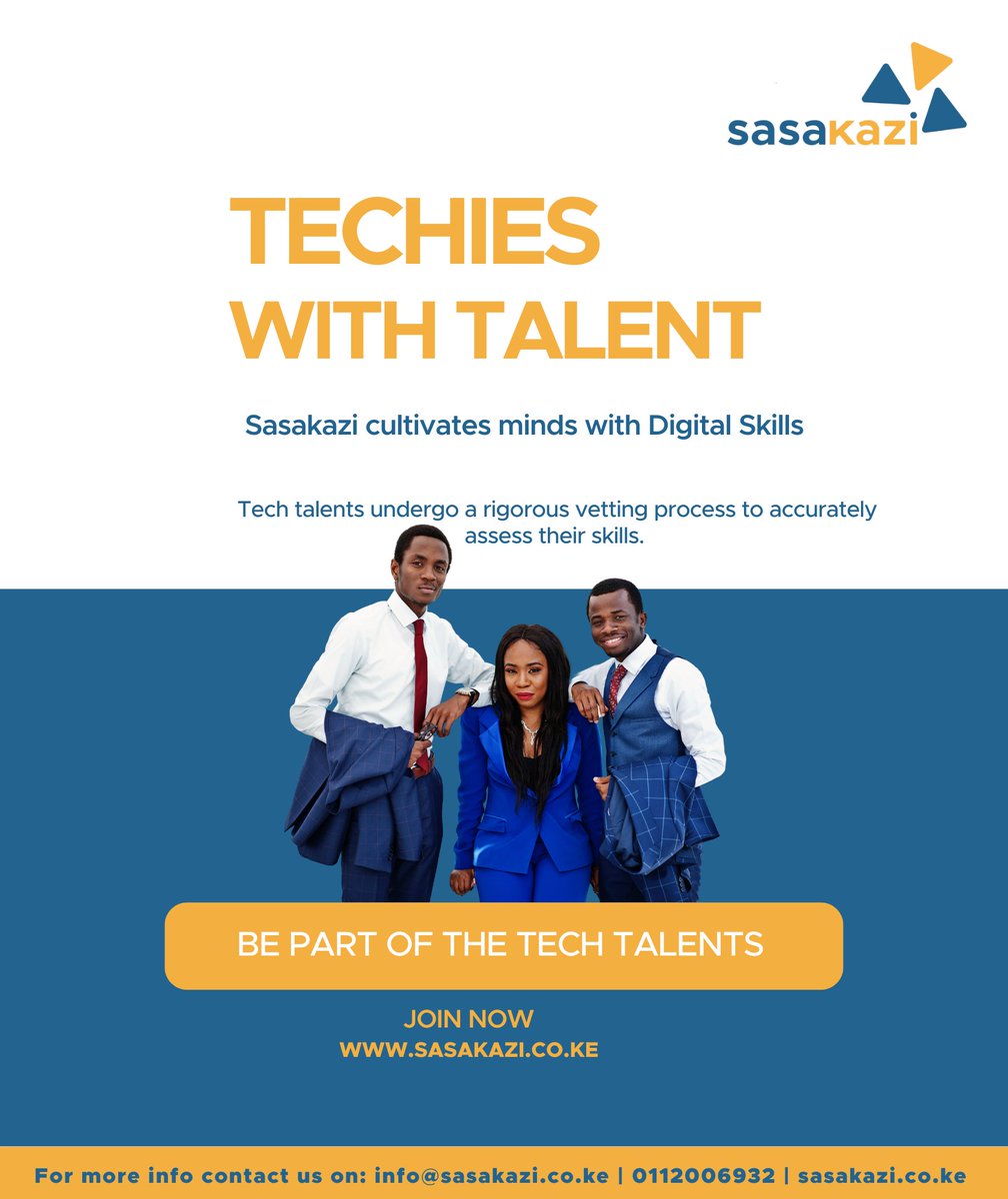 The best part about our Sasakazi programme is that we don't just find talent, we cultivate it 🌱💻.
Identified Tech talents undergo a rigorous vetting process before they are then matched with projects.

Visit us today at sasakazi.co.ke for more details