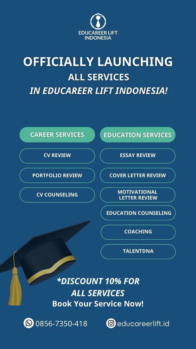 naszusyzygy's tweet photo. AKHIRNYA SAH!

Educareer Lift hadir dengan layanan di bidang Karir &amp; Pendidikan. So, kamu yg perlu bantuan👇🏼
- Review &amp; Konsultasi CV
- Review Portfolio
- Konsultasi Pendidikan
- Review Syarat Beasiswa
- Coaching
- Test Minat Bakat

Bisa cek Instagramnya👇🏼
https://t.co/SGtVNYS7vf https://t.co/wpMwepsNkv