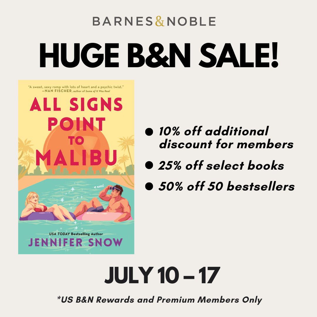 DanaGrimaldi's tweet photo. Barnes & Noble Premium and Rewards members get 25% off online preorders (incl. All Signs Point to Malibu by Jennifer Snow!) with code PREORDER25! @BNBuzz #SaleForThePages #EnemiesToLovers #Speculative #RomCom #BestFriendsEx #BookPromo #HarlequinEditor
https://t.co/06tprhrPax https://t.co/2k2AcBJKNk