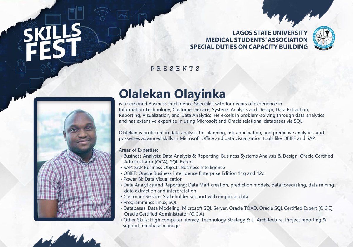 lasumsa's tweet photo. YES🤭!!!
You heard right!
It is officially 3 days untill the kick-start of the highly anticipated LASUMSA SKILL FESTIVAL 🎉💃🔥 

As usual, we present to you a brief portfolio of one of our amazing speakers set to herald the event ✨
#lasumsa #skillfest #nimsa #MedTwitter https://t.co/LKMHf3U9P7