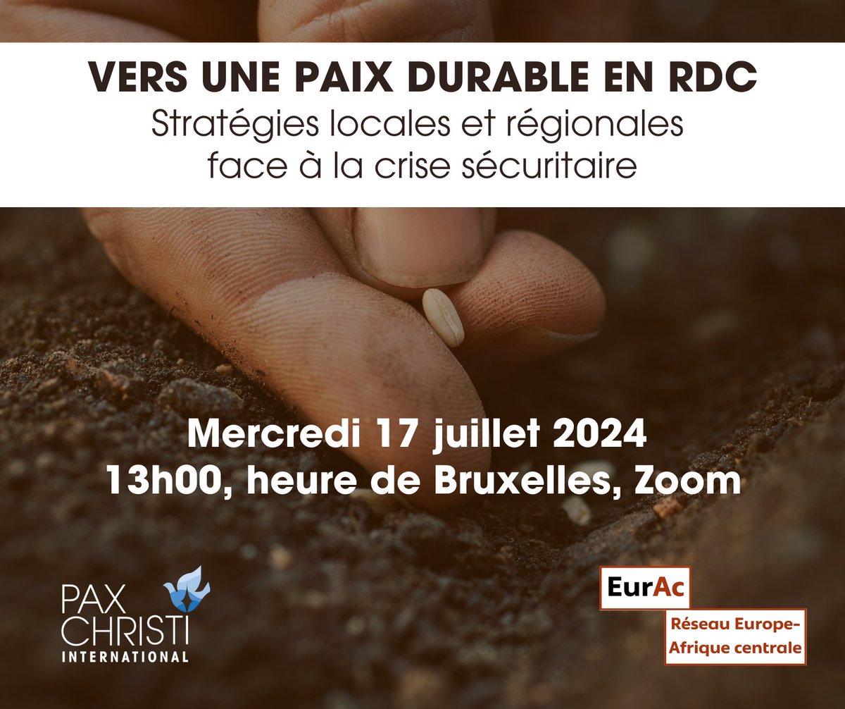 EurAc: Europe-Central Africa Network (@eurac_net) on Twitter photo 🔔Joignez-vous à EurAc et <a href="/PaxChristi/">Pax Christi International</a> pour notre webinaire : "Vers une paix durable en RDC : Stratégies locales et régionales" le 17 juillet à 13h00 CEST.
➡️Pour en savoir plus sur le panel et l'inscription : us02web.zoom.us/webinar/regist… 🔔Joignez-vous à EurAc et <a href="/PaxChristi/">Pax Christi International</a> pour notre webinaire : "Vers une paix durable en RDC : Stratégies locales et régionales" le 17 juillet à 13h00 CEST.
➡️Pour en savoir plus sur le panel et l'inscription : us02web.zoom.us/webinar/regist…