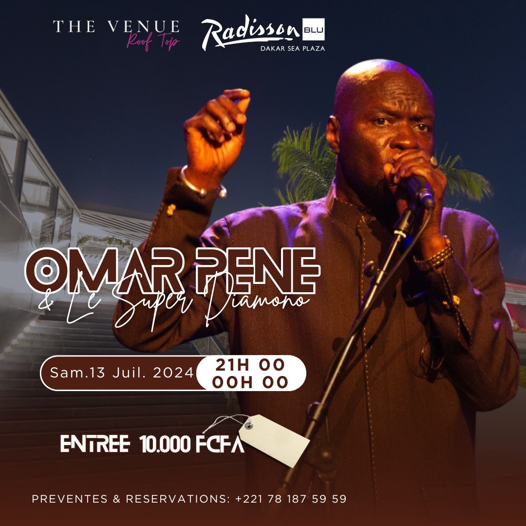 🎶 Concert Live au Radisson Blu Dakar ! 🎤
📅 Date : 13 juillet  🕒 Heure : 21h00 📍 Lieu : Radisson Blu 
Venez vibrer au rythme de la musique dans un cadre exceptionnel en bord de mer ! 🌊
Programme :
• Concert live avec des performances envoûtantes du Super Diamono🎵🎉