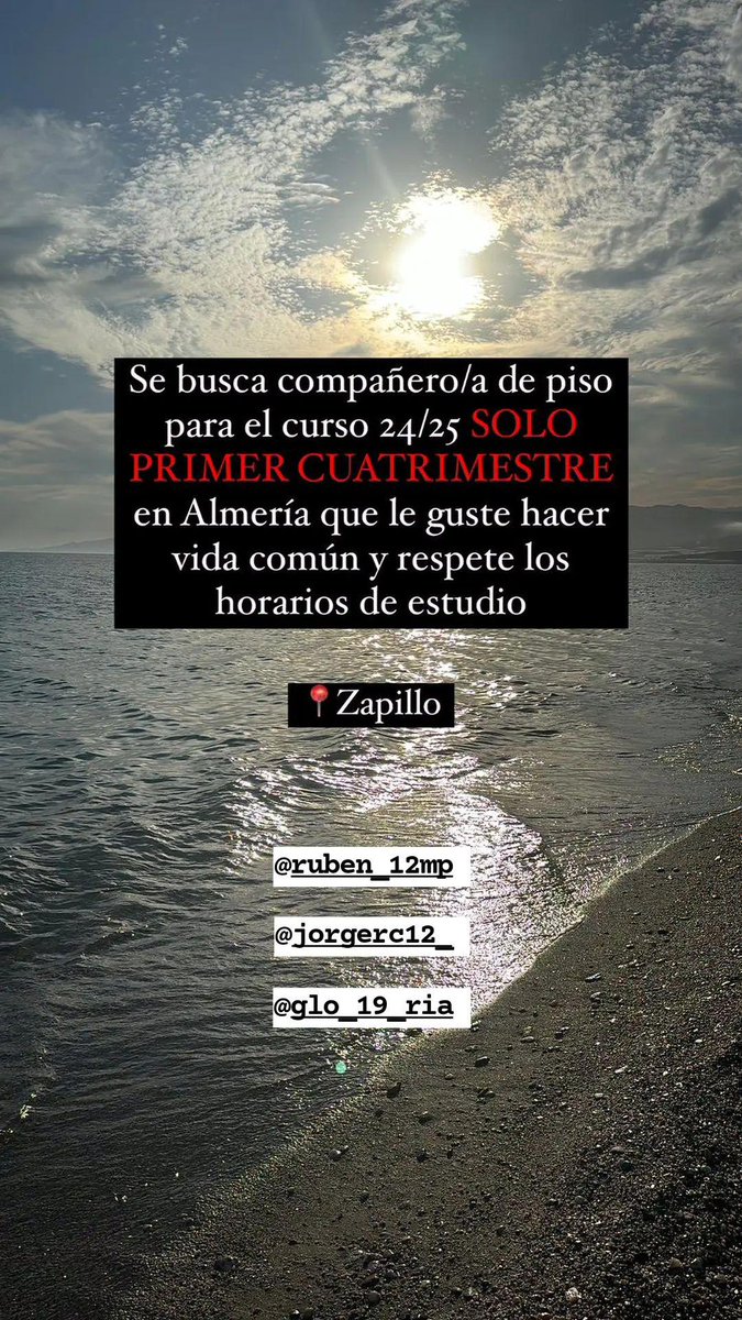 jorgerc12_'s tweet photo. Se busca compañero/a de piso para el curso 24/25 en Almería. SOLO PRIMER CUATRIMESTRE.
Quien esté interesado que me escriba por privado o responda a este tweet.
Se agradece difusión.
#almeria #pisoalmeria #queydondeestudiar24 #ual #sicue #zapillo #erasmus https://t.co/azjio9AsTC