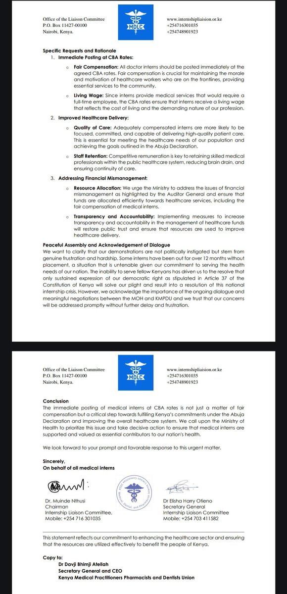 Dr.Elmi A. Adow, MBChB (@abdiadow12) on Twitter photo PRESS RELEASE: We shall not relent in our pursuit to always fight for what is rightfully ours! <a href="/MOH_Kenya/">Ministry of Health</a> should post All interns and pay them as per CBA 2017 which is a legally binding document! The rest are just sideshows and lack of goodwill!
#PostAndPayDoctorInterns PRESS RELEASE: We shall not relent in our pursuit to always fight for what is rightfully ours! <a href="/MOH_Kenya/">Ministry of Health</a> should post All interns and pay them as per CBA 2017 which is a legally binding document! The rest are just sideshows and lack of goodwill!
#PostAndPayDoctorInterns