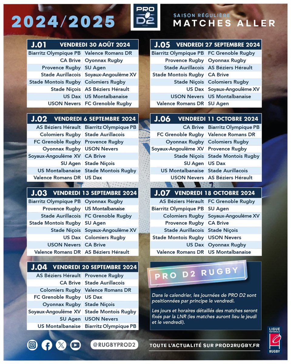 rugbyprod2's tweet photo. Est-ce que vous êtes prêts à vibrer derrière votre équipe favorite ? 👀

Le calendrier de la saison 2024-25 de #PROD2 est désormais OFFICIEL 📅

Retrouvez les infos clés et téléchargez-le en PDF ici 👉 https://t.co/ktGPDAt4j5 https://t.co/lmGtakM4dm