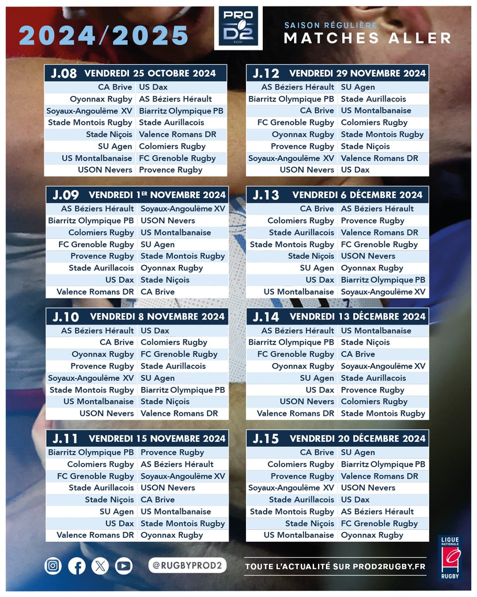 rugbyprod2's tweet photo. Est-ce que vous êtes prêts à vibrer derrière votre équipe favorite ? 👀

Le calendrier de la saison 2024-25 de #PROD2 est désormais OFFICIEL 📅

Retrouvez les infos clés et téléchargez-le en PDF ici 👉 https://t.co/ktGPDAt4j5 https://t.co/lmGtakM4dm