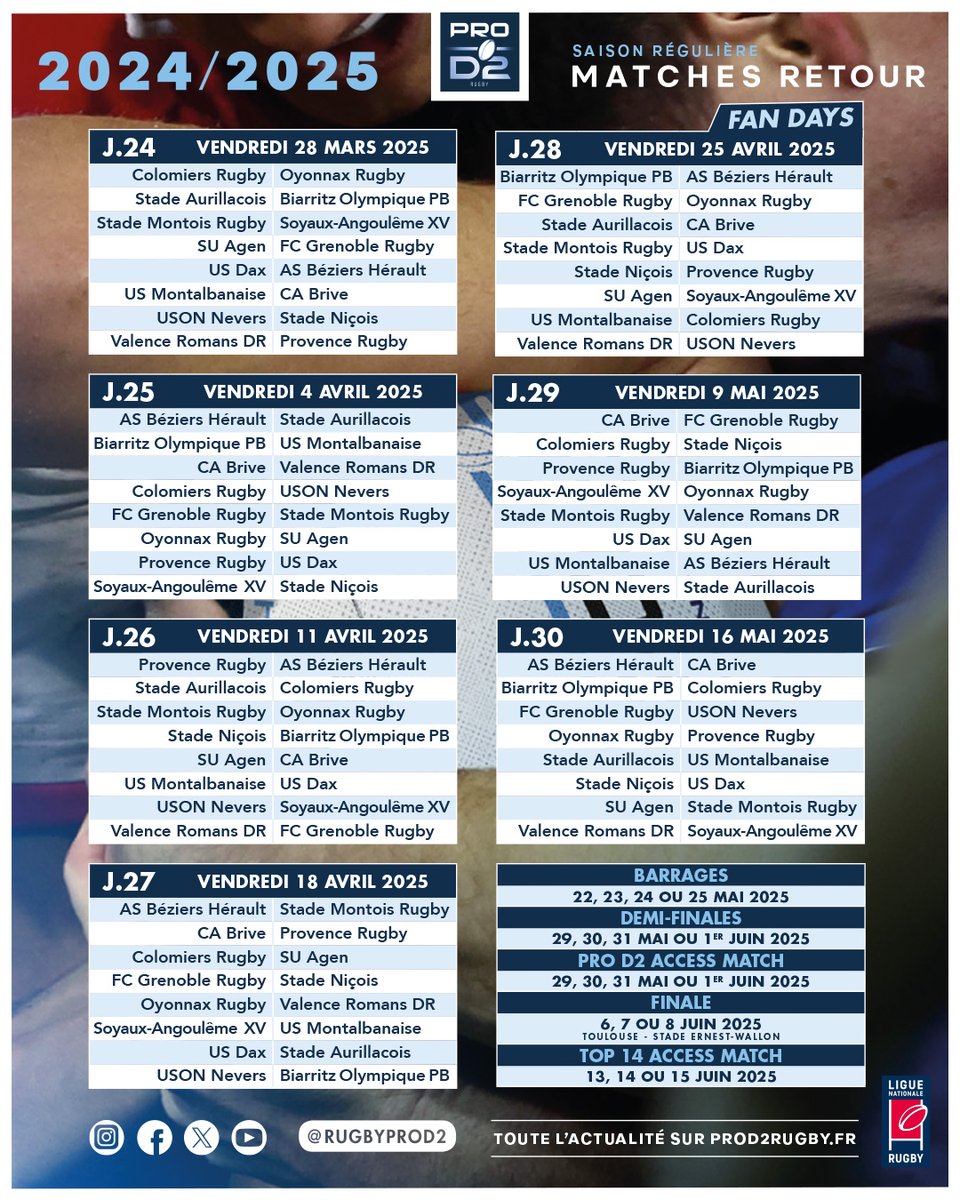rugbyprod2's tweet photo. Est-ce que vous êtes prêts à vibrer derrière votre équipe favorite ? 👀

Le calendrier de la saison 2024-25 de #PROD2 est désormais OFFICIEL 📅

Retrouvez les infos clés et téléchargez-le en PDF ici 👉 https://t.co/ktGPDAt4j5 https://t.co/lmGtakM4dm