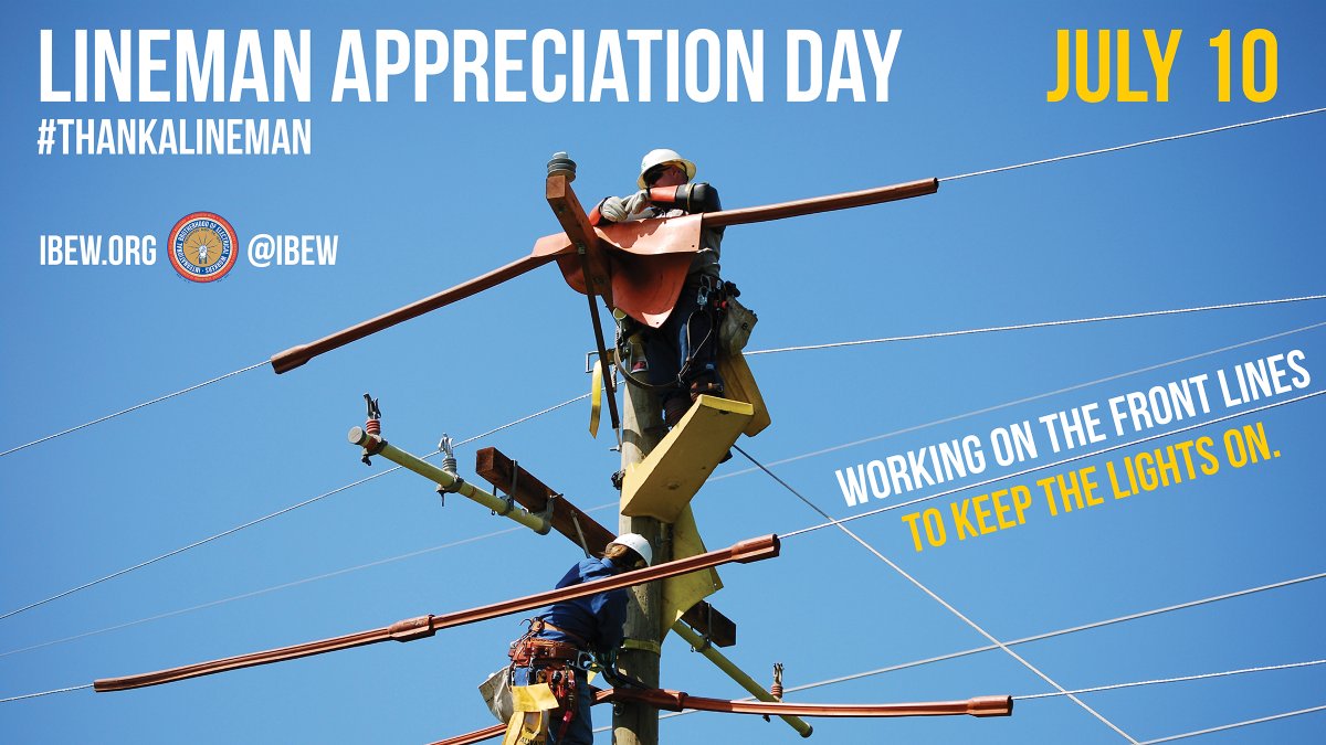 IBEW's tweet image. Our lineworkers are true heroes, always on the frontlines of every disaster, working 24/7 to keep the lights on in our communities. That&apos;s why we #ThankaLineman #LineworkerAppreciationDay