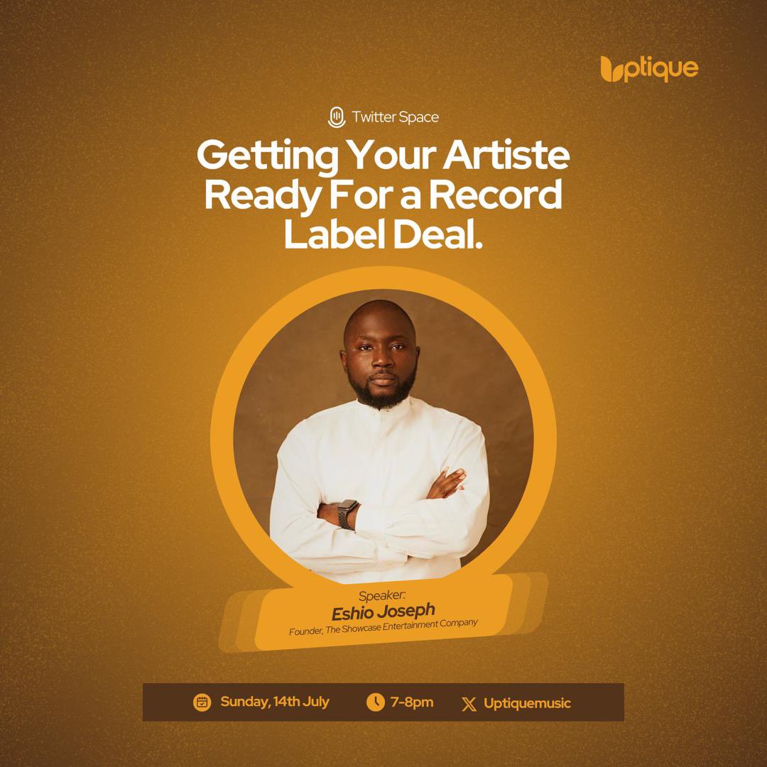TheShowcaseEnt's tweet photo. Join @MrEshio this Sunday as he speaks with the team at @uptiquemusic on Getting your artiste ready for a record label deal. 

- Data 
- Advance 
- Marketing approach 
- Contracts 
- Splits and more will be covered. 

RT for any artiste on your timeline to see https://t.co/HXosXOoOZD