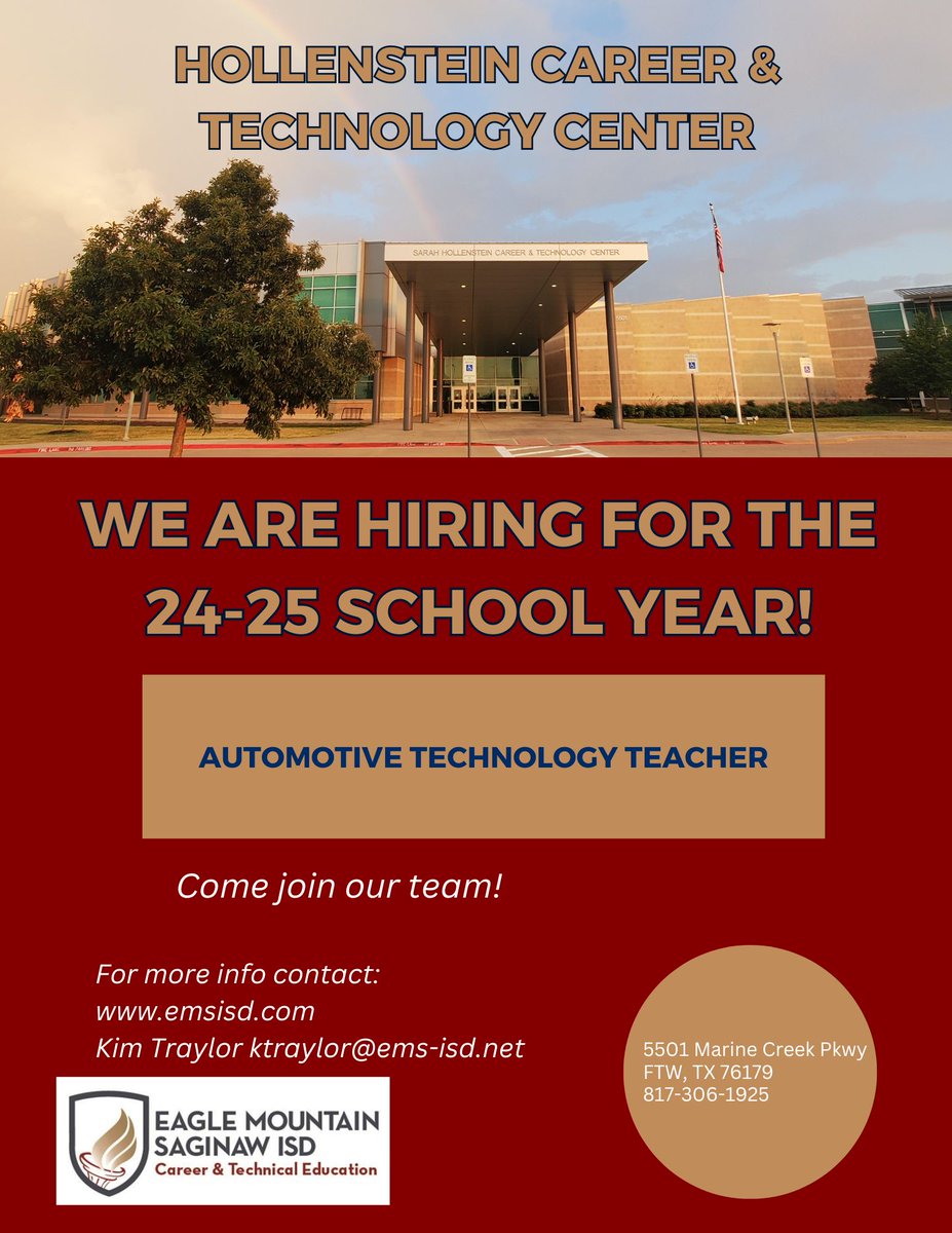 Come join our amazing team and impact the lives of students by helping them reach their future goals!  We are looking for an automotive technology teacher!  <a href="/EMSISD/">EMS ISD</a> <a href="/EMSISD_CTE/">EMSISD CTE</a> <a href="/KimTraylor01/">Kimberly Traylor</a> #HCTCready #EMSproud