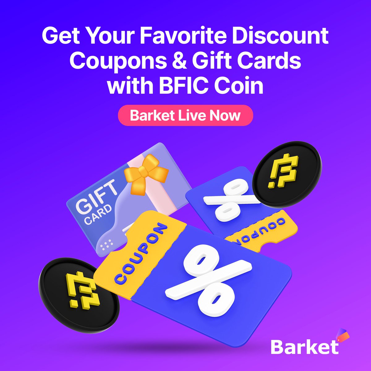 Barket_io's tweet photo. Calling all #dealsdealsdeals hunters and #coupon clippers,
#Barket is finally LIVE! 🚀
Get your favorite #discount coupons &amp; #giftcards effortlessly with #BFICCOIN,
Enjoy amazing deals &amp; share the joy with #friends! 🎁 https://t.co/piLrlfMQBu