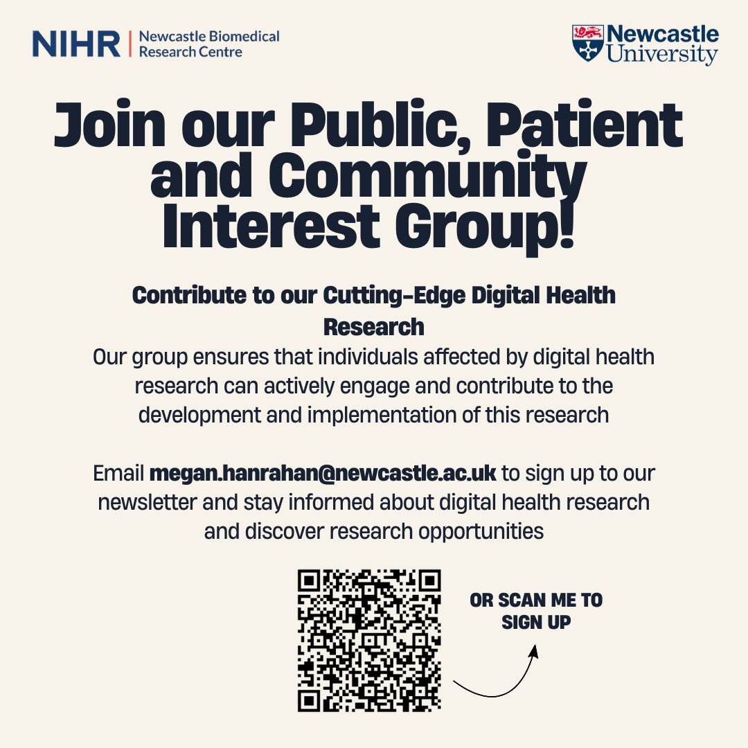 Keep informed of the work going on within our Digital Health Theme with updates on the latest opportunities and research developments.

If you’d like to sign up 
Email👉megan.hanrahan@newcastle.ac.uk 
Click 👉 forms.office.com/e/0GUBf7zfzH

<a href="/MeganHanrahan23/">Megan Hanrahan</a> 
#digitalhealth