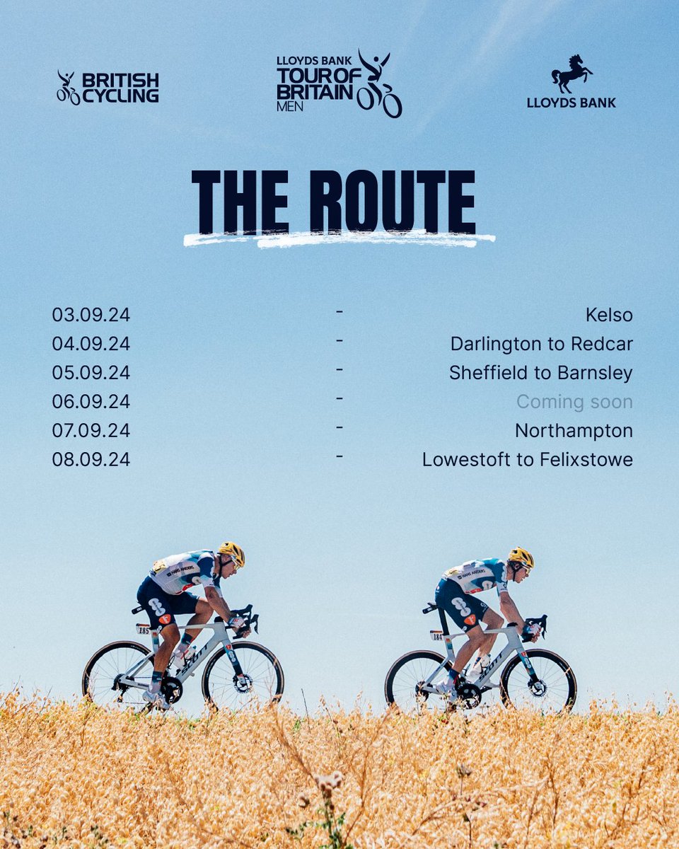TourofBritain's tweet image. 🗺️ Here they are, the stage locations of the 2024 Lloyds Bank Tour of Britain Men! 

Starting in Scotland and ending on the South East coast of England, it's going to be a six days of incredible racing. Who's ready? 

Full route information, plus details on stage four, to come…
