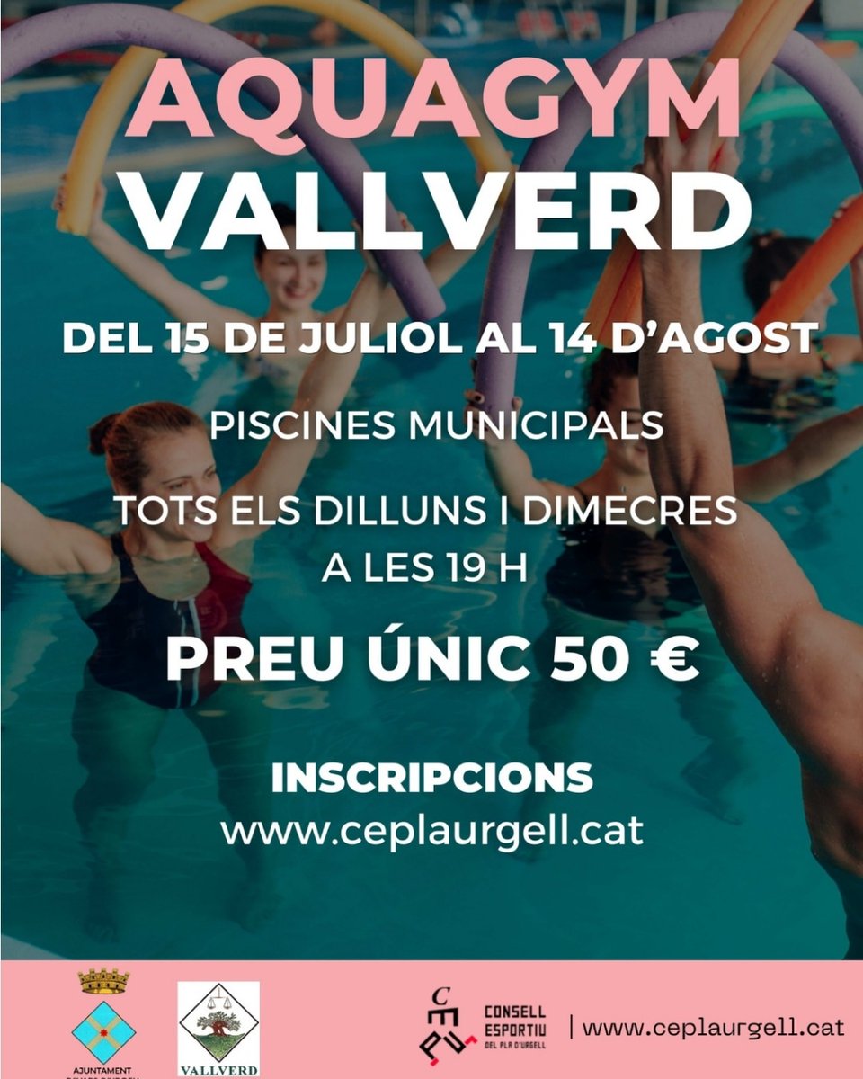 📢 Aquagym a les piscines de Vallverd

L'activitat d'aquagym es farà a les piscines de Vallverd els dilluns i dimecres de 19-20h, del 15 de juliol al 14 d'agost. 

Cost: 50 euros.

Inscripcions: botiga.ceplaurgell.cat/170-2/