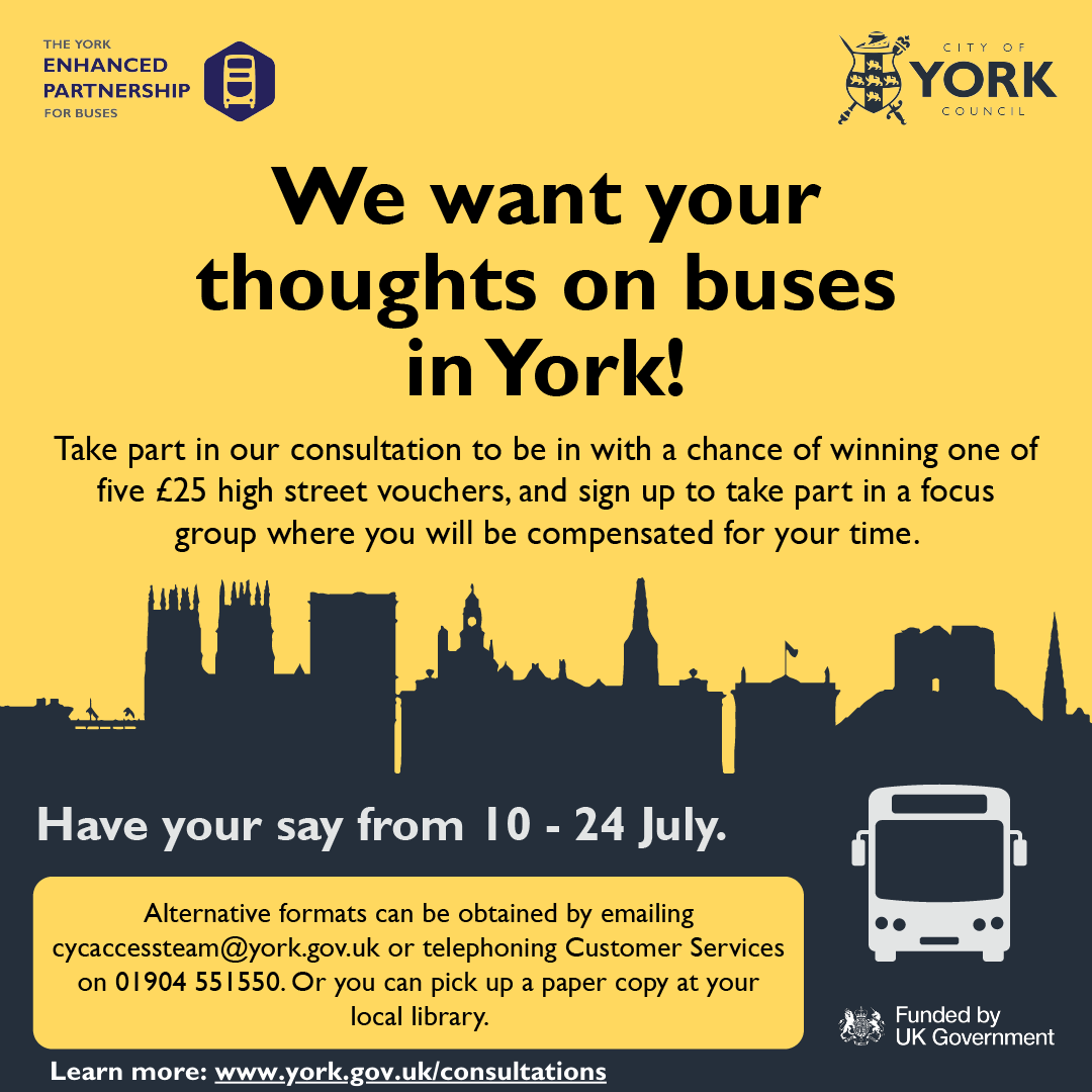 CityofYork's tweet photo. We want to hear your thoughts on bus travel in York! 

Participate to have a chance to win one of five £25 One4all vouchers.

The bus consultation takes approximately 15 minutes to complete. 

Participate here👇
 https://t.co/b2yncIKxnk https://t.co/cxh4dIIfJH