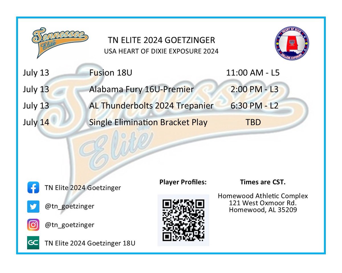 TN Elite Goetzinger (@tn_goetzinger) on Twitter photo Heart of Dixie Schedule.
We have 2025s and 2026s uncommitted players.
<a href="/UncommittedUsa/">UncommittedPlayersUSA</a>
<a href="/JURoyalsSB/">Johnson University Softball</a>
<a href="/SHC_softball/">Spring Hill College Softball</a>
<a href="/chipolasoftball/">Chipola Softball</a> <a href="/SoftballDown/">Down South Softball</a> <a href="/RhodesSoftball/">Rhodes Softball</a> <a href="/WallaceStSB/">Wallace State Softball</a> <a href="/LaneAthletics/">Lane College Dragons</a> <a href="/UAHCoachLes/">Les Stuedeman</a> <a href="/SSCC_Softball/">Shelton State Softball</a> <a href="/EMCC_SBALL/">EMCC_SB</a> <a href="/MilesCollege/">Miles College</a> <a href="/SneadSoftball/">Snead State Softball</a> <a href="/SouthernUnionSC/">SUCommunityCollege</a> Heart of Dixie Schedule.
We have 2025s and 2026s uncommitted players.
<a href="/UncommittedUsa/">UncommittedPlayersUSA</a>
<a href="/JURoyalsSB/">Johnson University Softball</a>
<a href="/SHC_softball/">Spring Hill College Softball</a>
<a href="/chipolasoftball/">Chipola Softball</a> <a href="/SoftballDown/">Down South Softball</a> <a href="/RhodesSoftball/">Rhodes Softball</a> <a href="/WallaceStSB/">Wallace State Softball</a> <a href="/LaneAthletics/">Lane College Dragons</a> <a href="/UAHCoachLes/">Les Stuedeman</a> <a href="/SSCC_Softball/">Shelton State Softball</a> <a href="/EMCC_SBALL/">EMCC_SB</a> <a href="/MilesCollege/">Miles College</a> <a href="/SneadSoftball/">Snead State Softball</a> <a href="/SouthernUnionSC/">SUCommunityCollege</a>