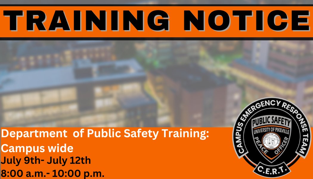 ChrisUpike91's tweet photo. TRAINING NOTICE: You may notice a high presence of first responders (Police, Fire, &amp; EMS) on campus this week. This is only a TRAINING EVENT.

The UPIKE Department of Public Safety is dedicated to providing a safe, protected, and organized environment. https://t.co/nvqgH2tD4S