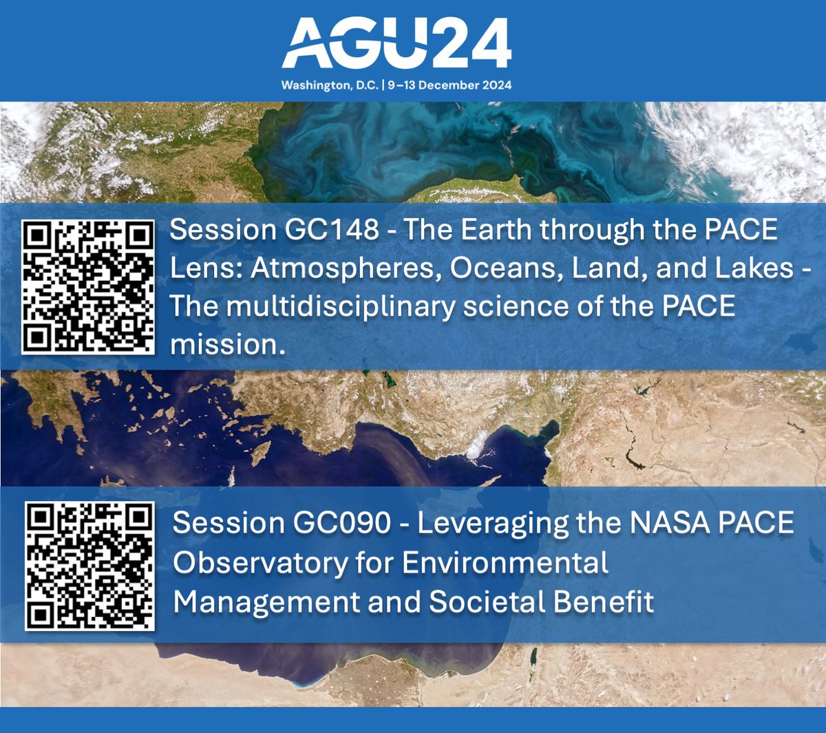 NASAOcean's tweet photo. Attending @theAGU meeting in December? Check out two sessions that will span PACE science and applications across the aquatic, terrestrial, and atmospheric domains.
Abstracts are now open and the deadline is July 31, 2024. 🔽
#KeepingPACE https://t.co/hzkbSweldZ