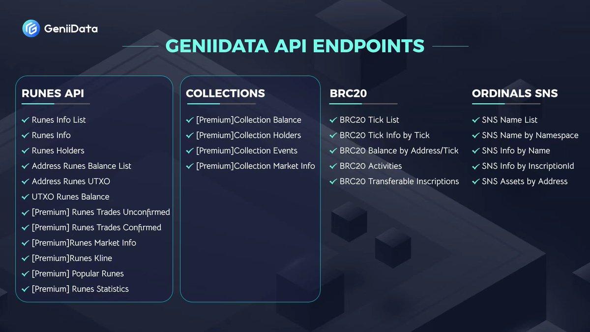 GeniiData's tweet photo. 🔥Breaking News! Runes API is here!
GeniiData has just launched a series of new APIs, including some exclusive premium APIs!
For more details, check out the poster and read the API documentation🔗https://t.co/12m5lYlq7Z
To apply, contact us at api@geniidata.com with your selected tier and use case.
#GeniiData #API #runesAPI #runes #ordinals #bitcoin #TechNews