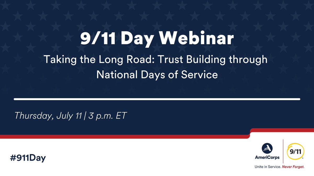 AmeriCorps's tweet photo. 🚨Taking the Long Road: Trust Building through #NationalDaysOfService🚨Thurs., July 11 | 3 p.m. ET
Register for our #911Day webinar and hear how faith and nonprofit partners approach service and volunteerism to reach broader and more diverse audiences: https://t.co/xTr3G77uIG https://t.co/PhEeZgdX1P
