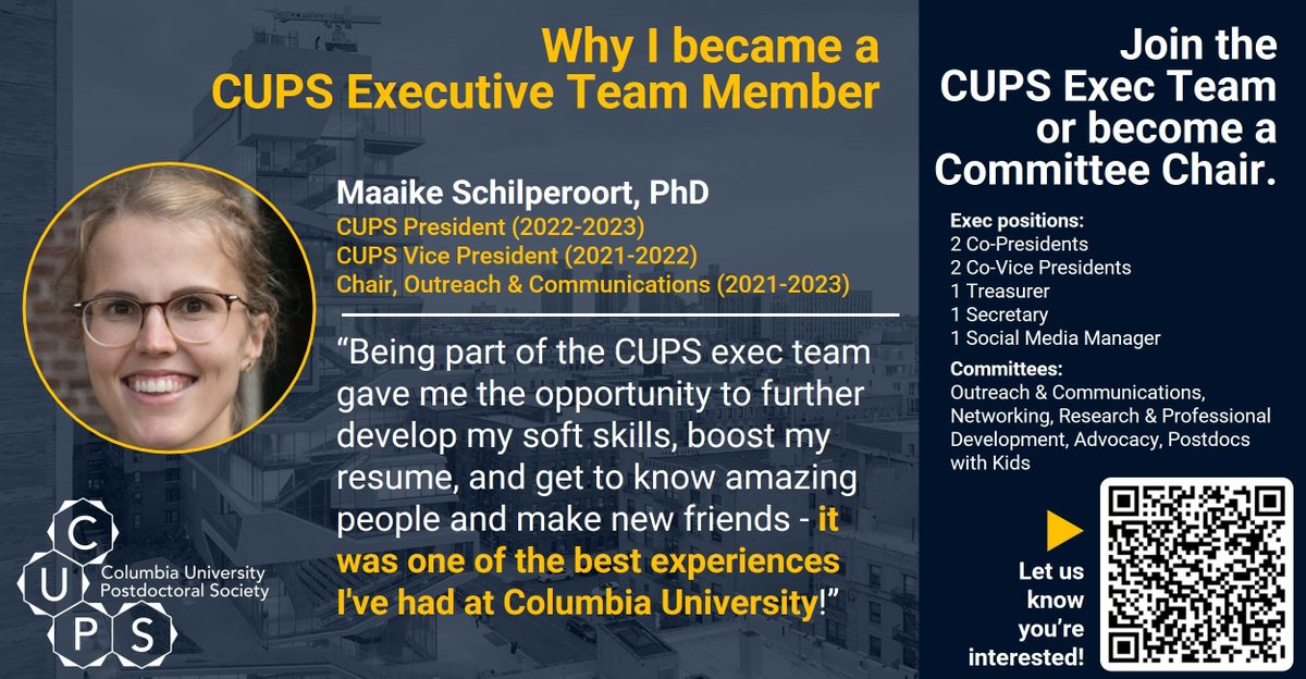 CUPostdocs's tweet image. In September, our annual Executive Board elections are your chance to get involved and help enhance the best possible experience for postdocs/ARSs at Columbia! Read about Maaike's experience and check out the positions below. Manifest your interest 👉 buff.ly/4eVgKD8