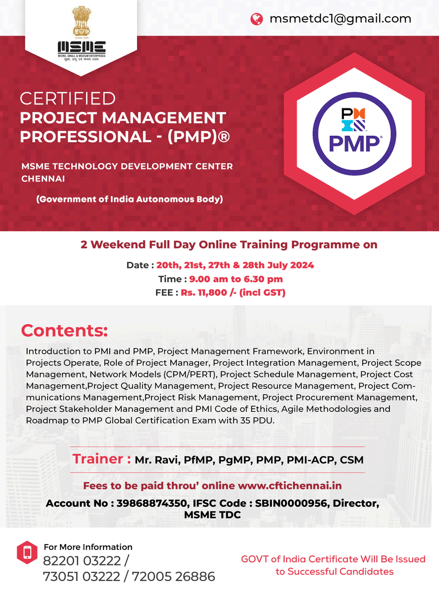 JPA_Solutions_s's tweet photo. MSME (Govt of India) online training for Global PMP Certification with 35 PDU's Certificate. Training from authorized PMP certification body, Mr. Ravi. 
For enrollment, please call Jegan 8220103222
 #PMPcertification  #ProjectManagementExpert #PMPprep #ProjectManagementSkills https://t.co/C8immyjSG1
