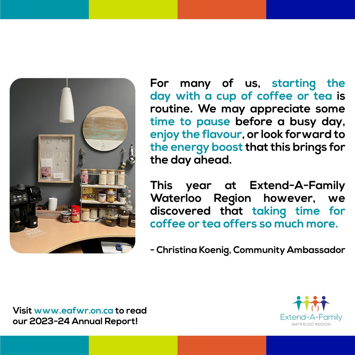EAFWR's tweet photo. "For many of us, starting the day with a cup of coffee or tea is routine . . .  this year at @eafwr however, we discovered that taking time for coffee or tea offers so much more."

Community Ambassador Christina shares about EAFWR's new coffee nook: https://t.co/LL9fx7xFdu https://t.co/nHGmhzoc77