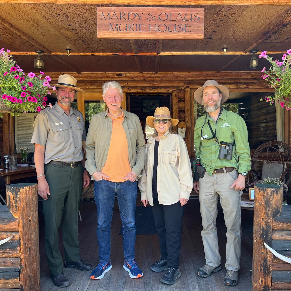 HillaryClinton's tweet image. Bill and I are standing on an important porch here. It was at this house outside Jackson Hole, Wyo., that visionaries Olaus and Mardy Murie seeded a plan for federally designated conservation areas that eventually became the Wilderness Act of 1964.