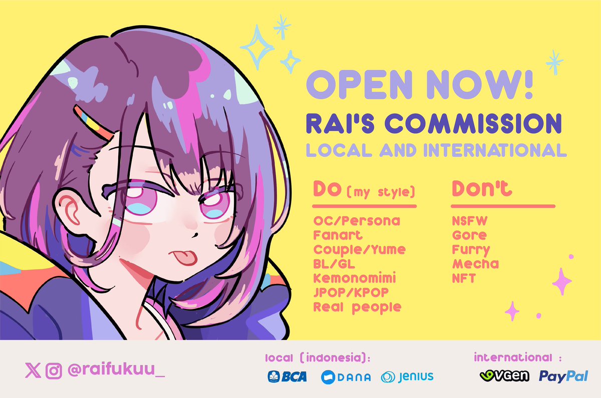 ✨ Likes &amp; RTs are very much appreciated! ✨

Hello! I'm opening commission for local &amp; international with slots (0/5)
Feel free to DM me if you interested, thank you! 💞
vgen.co/raifukuu_
Check comment for the price!

#VGenComm #opencommission #commission #commissionopen