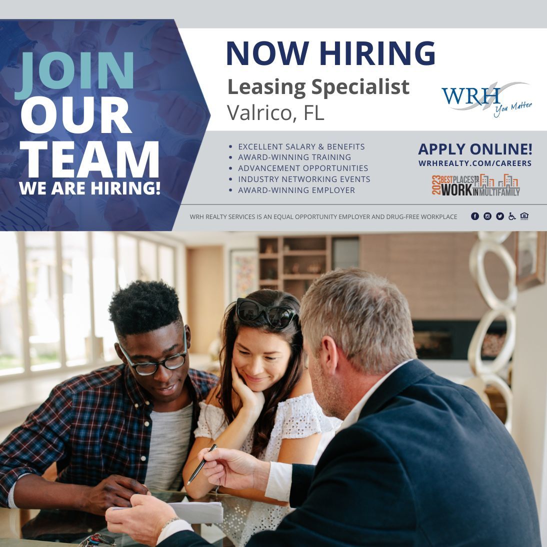 wrhrealty's tweet photo. Now Hiring!

We are seeking an experienced leasing professional to join the Valrico Station on-site team.

For the full job description, and to submit your application, please click on the link.

Career page: https://t.co/1o3Y1Ju4uY https://t.co/QirxQNA5mI
