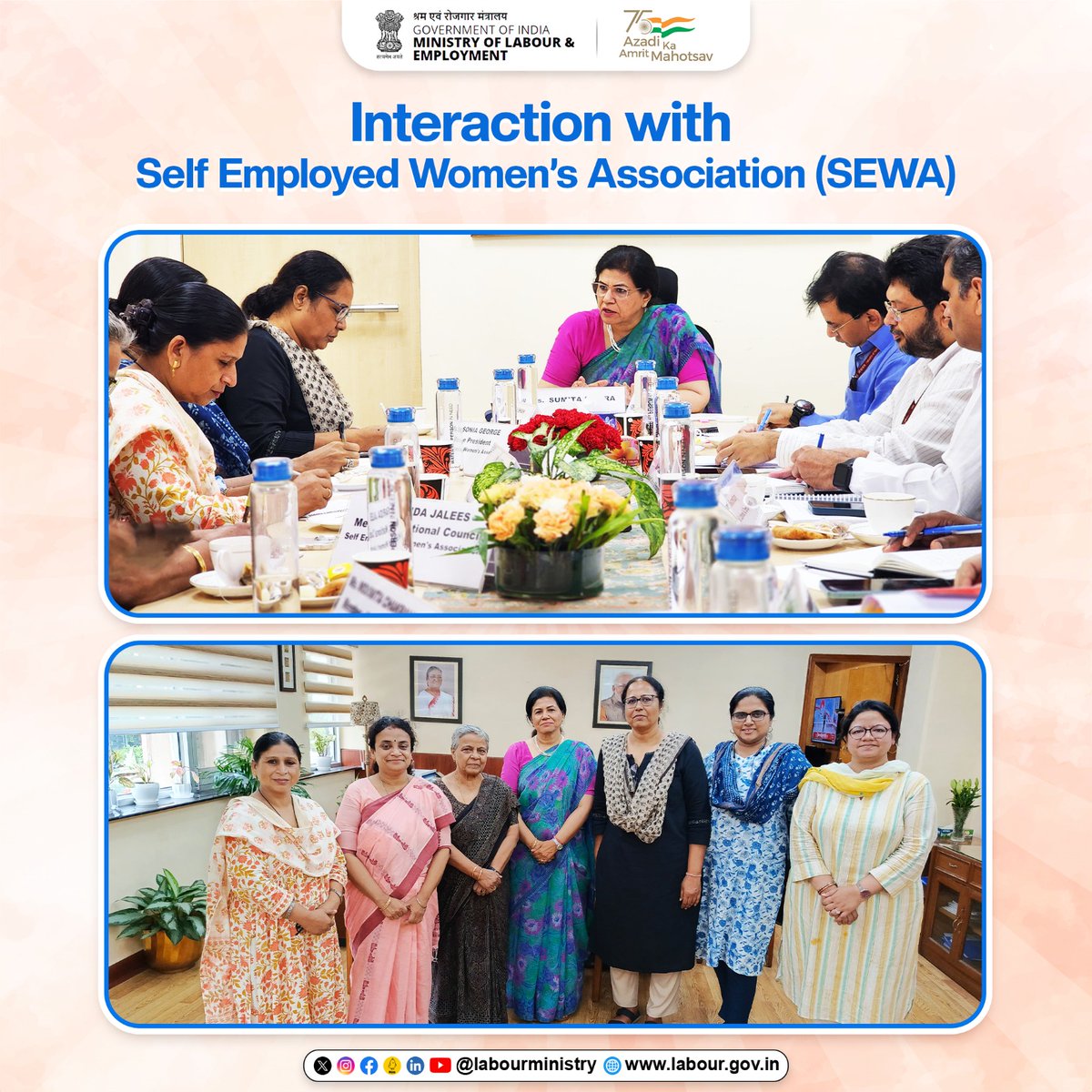 Representatives from Self Employed Women’s Association (SEWA) held an interaction with Secretary, M/o Labour &amp; Employment <a href="/SumitaDawra/">Sumita Dawra</a> today at Shram Shakti Bhawan.
(1/2)