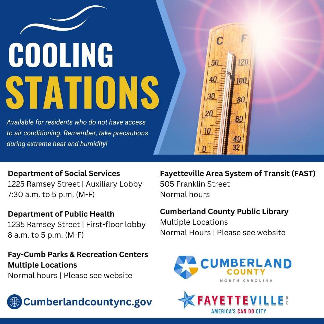 ☀️🌡️ The US City of Fayetteville, and Cumberland county will open cooling stations for residents who do not have access to air conditioning and need a place to get out of the heat.

#checkonyourpeople #ffd #hydrate #coolingstations