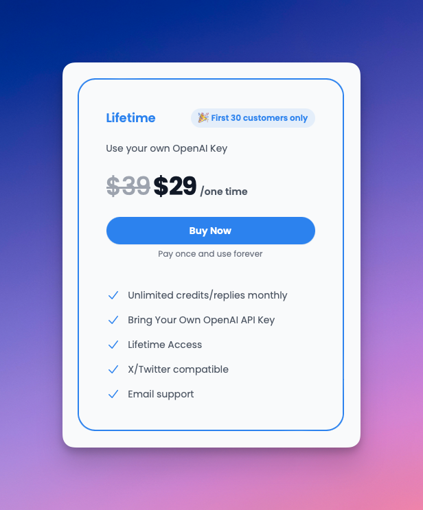 venelinkochev's tweet photo. Introducing our new Lifetime Plan for https://t.co/qRmQGxYQzk 

Pay just $29 and get lifetime access. Bring your own OpenAI API key and enjoy all our features without recurring fees.

Start engaging smarter
👉https://t.co/tj4nDpyXP7

Limited to first 30 customers, then price increases.