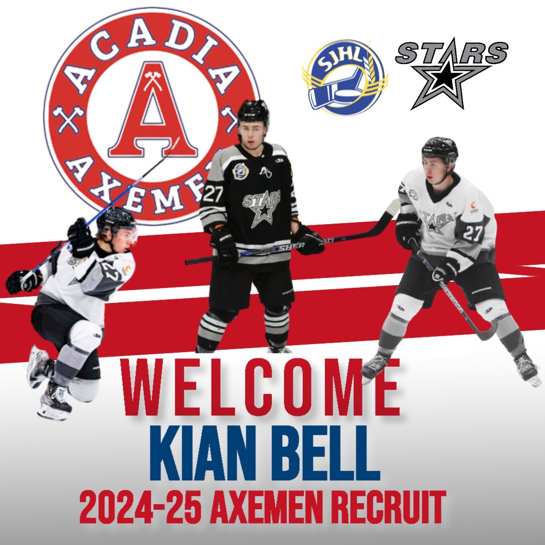 🅰️🪓 The Acadia Axemen are proud to welcome forward Kian Bell to the hockey program.

Bell, from Fall River, NS, has been the top scorer in the SJHL the past two seasons with the Battlefords North Stars.

Read more about Kian and hear from Coach Burns: acadiaaxemenhockey.com/2024/07/10/kia…
