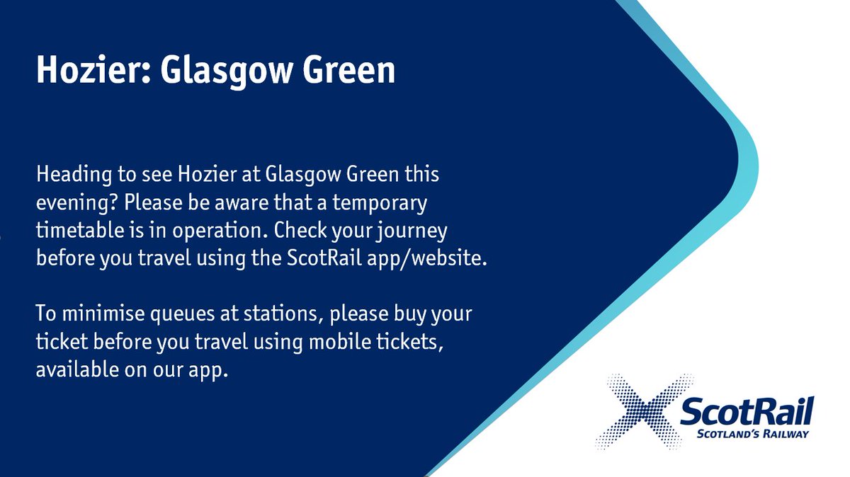 ScotRail's tweet photo. Heading  to see @Hozier at Glasgow Green this evening? Be aware that a temporary timetable is currently in operation &amp; train times may be different. Please check your journey before you travel using the ScotRail app/website.

ℹ️ https://t.co/P1Euzxe0yc 
ℹ️ https://t.co/gv0MweecPS https://t.co/mcVu497HOC